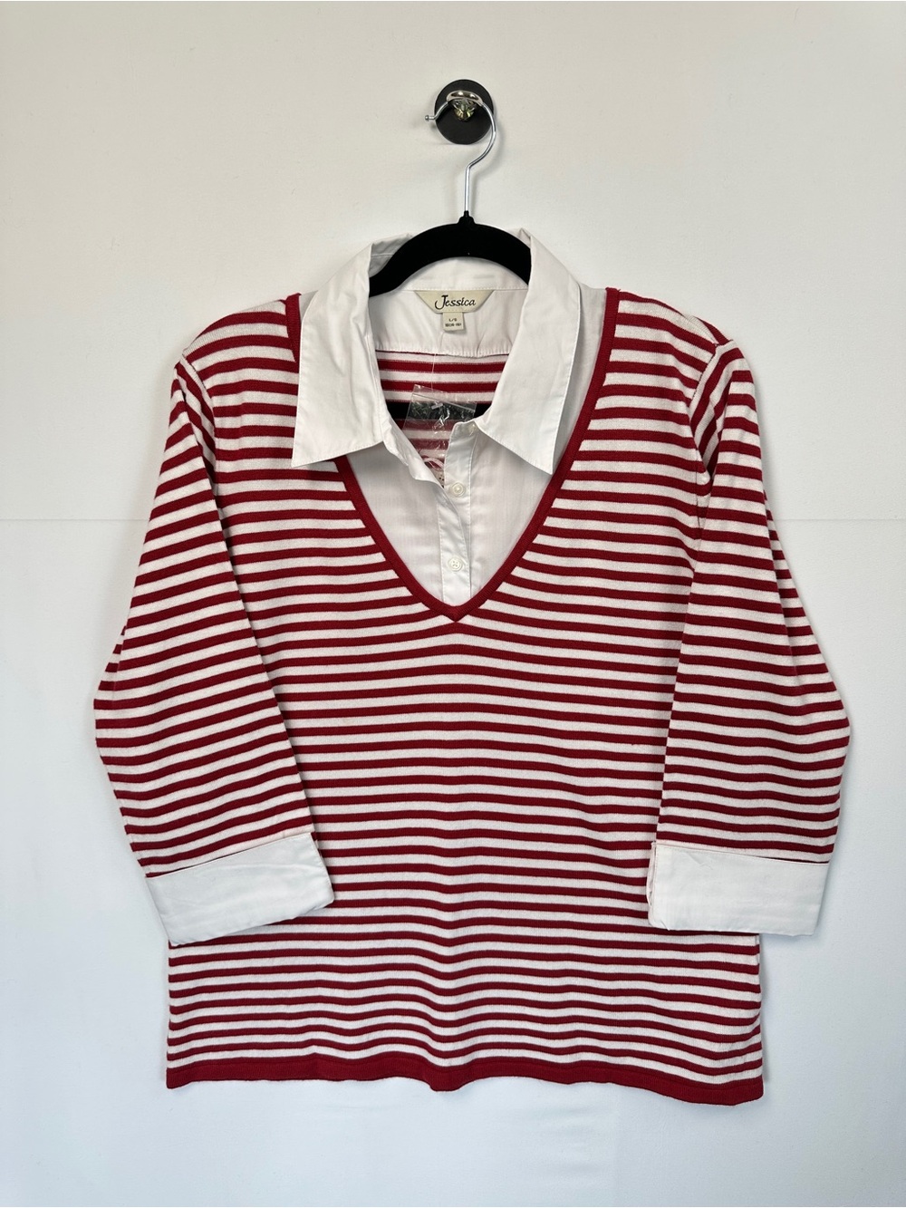 Jessica Preppy Burgundy Red White Striped Layered Shirt Sweater Size L